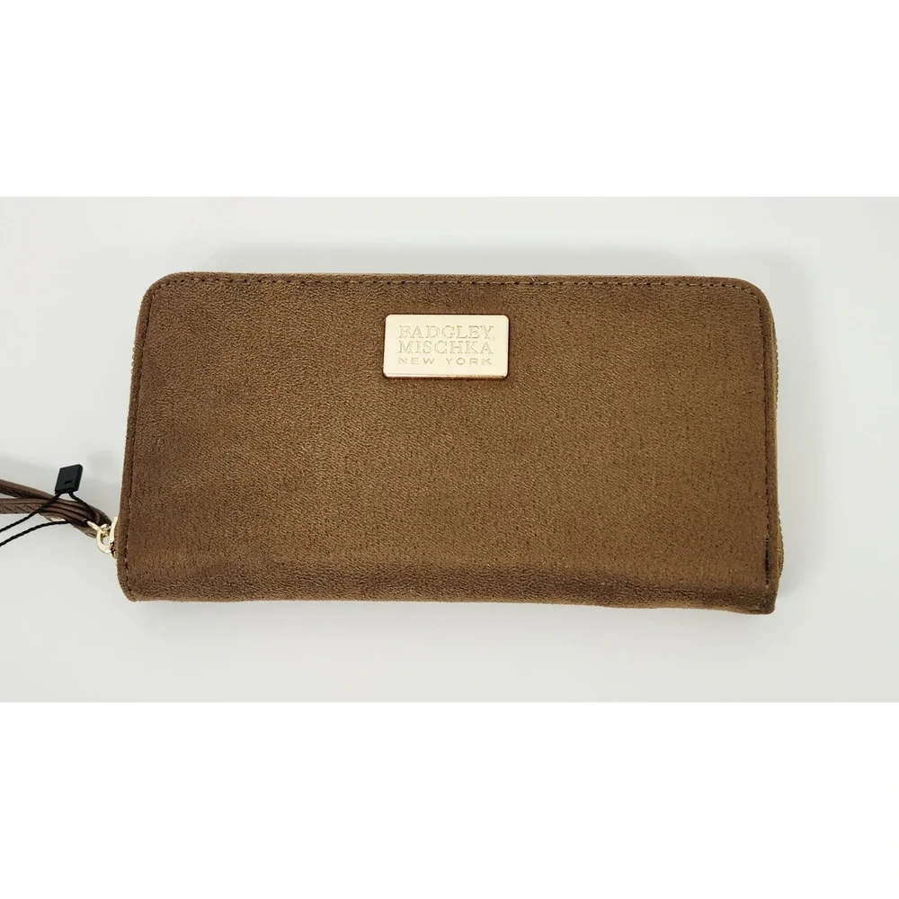 Badgley Mischka Tan Brown Suede Zip Around Wristlet Continental Wallet NWT